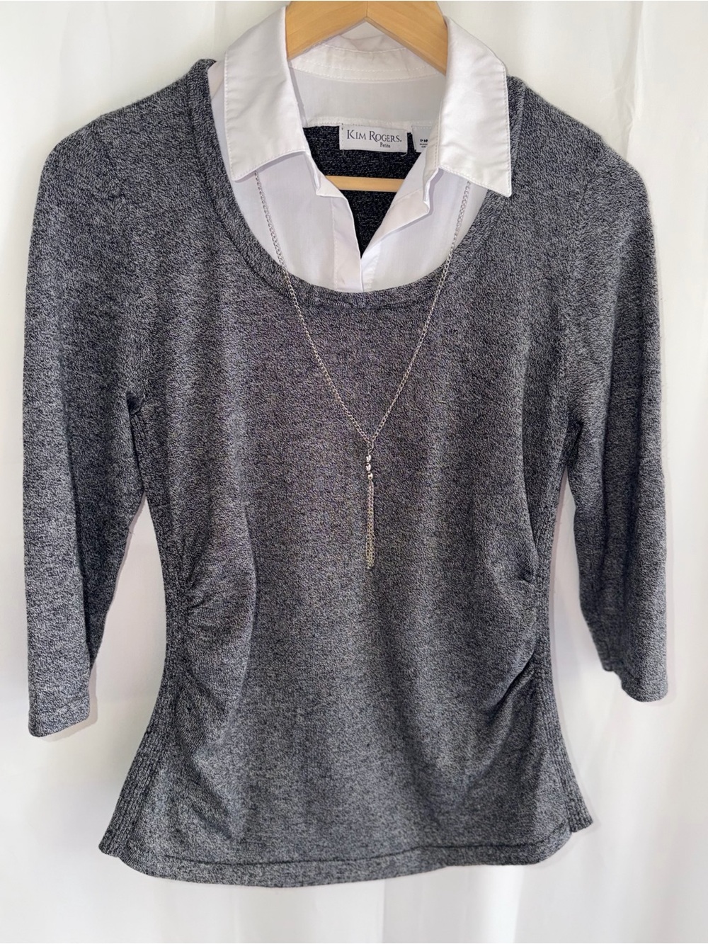 Kim Rogers Gray Layered-Look Top with White Faux Collar and Necklace Accent
